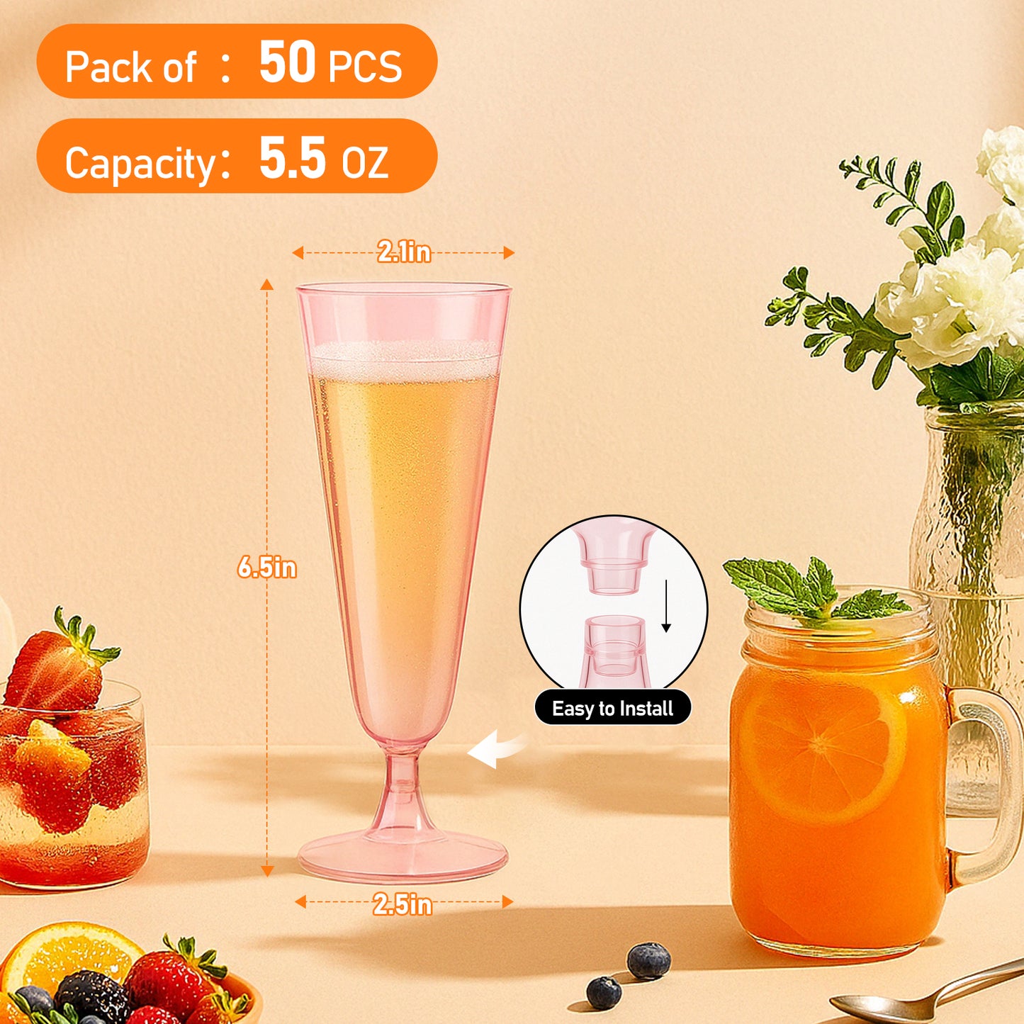 100 Pack Clear Plastic Champagne Flutes, 5 Oz Disposable Champagne Glasses, Unbreakable Acrylic Mimosa Glasses Wedding Cocktail Cups for Engagement Birthday Graduation Party Decorations Supplies